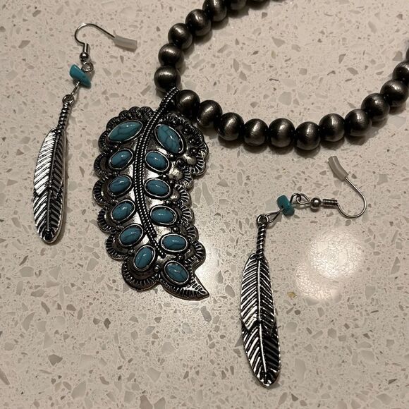 3 Pcs Fake Blue Turquoise Stone feather Pendant Necklace Earring Jewelry Set - Picture 4 of 8